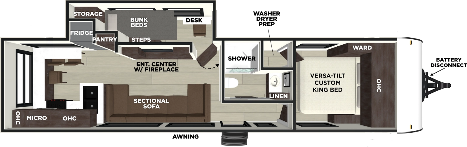The Salem 29V0ZEN floorplan has one entry and one slide out. Exterior features include: fiberglass exterior, 20' awning and outside kitchen. Interiors features include: bunk beds, rear kitchen and front bedroom.